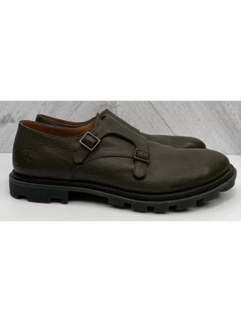 John Fluevog Collingtree Mens 10 Olive Green Leather Double Monk Strap Lug Shoes